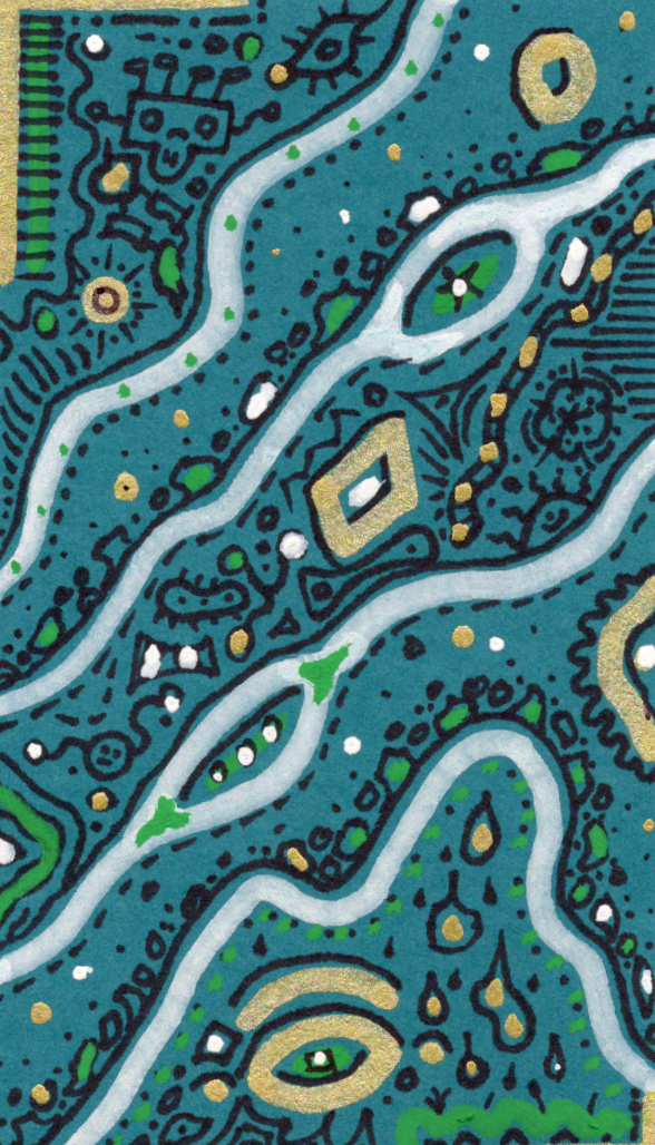 Black, gold, green, and white graphic design on Aqua card.